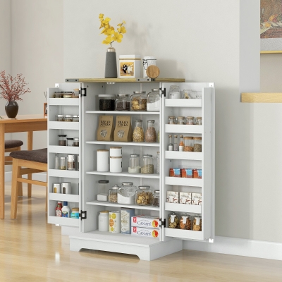 HOMCOM Farmhouse Kitchen Pantry Storage Cabinet, Kitchen Pantry Cabinet with Doors and Adjustable Shelves, Cream White