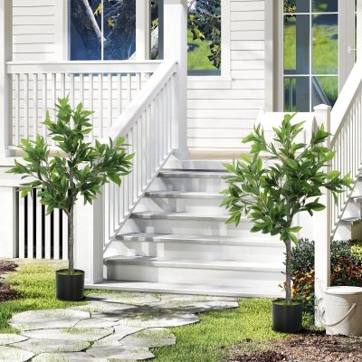 HOMCOM Potted Fake Plants Set of 2, Lifelike Laurel Artificial Trees with 345 PEVA Leaves for Indoor Outdoor Decor, Green