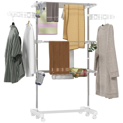 HOMCOM 3-Tier Foldable Clothes Drying Rack, Stainless Steel Laundry Rack with 2 Side Wings and 6 Castors, Collapsible Adjustable Clothes Airer for Indoor Outdoor, White