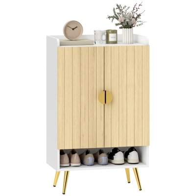 HOMCOM Entryway Shoe Storage Cabinet, Narrow Shoe Cabinet with Adjustable Shelves and Open Shelf for 15 Pairs of Shoes, Natural