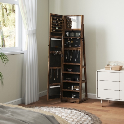 HOMCOM 360° Swivel Jewellery Armoire, Lockable Mirror Jewellery Cabinet with Built-In Small Mirror, Rustic Brown
