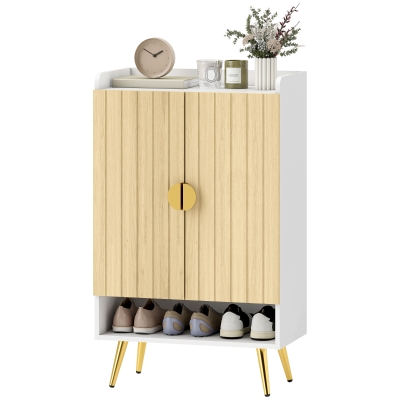 HOMCOM Entryway Shoe Storage Cabinet, Narrow Shoe Cabinet with Adjustable Shelves and Open Shelf for 15 Pairs of Shoes, Natural