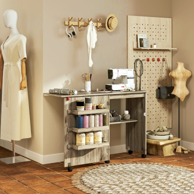 HOMCOM Sewing Machine Cabinet, Folding Sewing Table with Storage Shelf, Bins and Lockable Wheels for Small Space, Grey