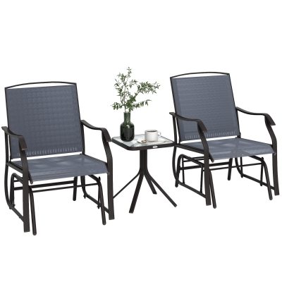 Outsunny 3 Piece Patio Glider Set Outdoor Gliders with Breathable Mesh Seat, Glass Top Table for Garden, Yard, Grey