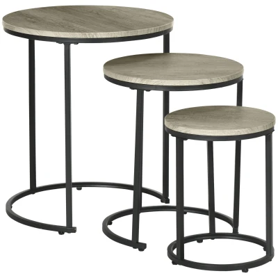 HOMCOM Nesting Tables Set of 3, Round Coffee Table, Stacking Side Tables with Steel Frame for Living Room