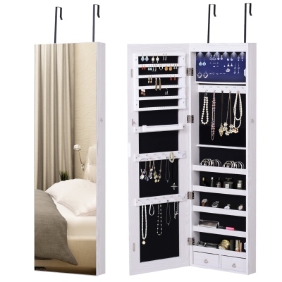 HOMCOM Mirror Jewelry Cabinet Armoire with LED Lights and 2 Keys, Wall Door Mounted Jewelry Organizer, Lockable Full-length Mirror, Wood Grain Grey