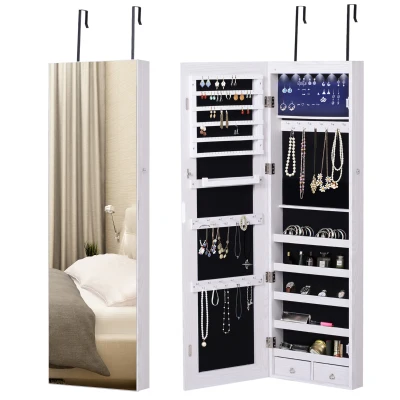 HOMCOM Mirror Jewelry Cabinet Armoire with LED Lights and 2 Keys, Wall Door Mounted Jewelry Organizer, Lockable Full-length Mirror, Wood Grain Grey