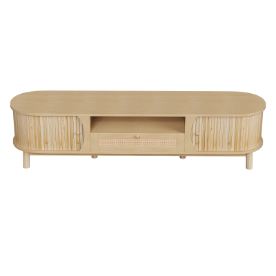 Rattan TV Stand with Solid Wood Doors and Drawers, Natural Country Style Storage Solution, Easy Installation, 65" L x 14.5" W x 18" H, Natural