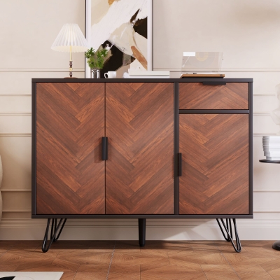 Modern Storage Cabinet with Drawer and Adjustable Shelves, Sideboard with Black Metal Feet, 35.5" L x 11.5" W x 28.5" H, Black+Wood