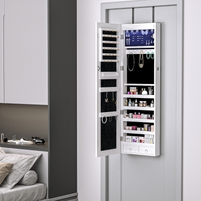 HOMCOM Mirror Jewellery Cabinet Armoire with LED Lights and 2 Keys, Wall Door Mounted Jewellery Organizer, Lockable Full-length Mirror, Wood Grain Grey