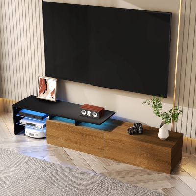 Modern TV Stand with Glass Shelves and LED Lighting, Stylish Storage Solution, Modern and Stylish Design, 67" L x 13" W x 13" H, Black+Natural