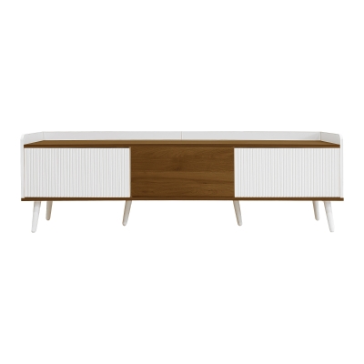 TV Stand with Three Doors and Sturdy Wooden Legs, Raised Edge for Safety, Easy to Install, 63" L x 15.5" W x 19.5" H, White+Natural