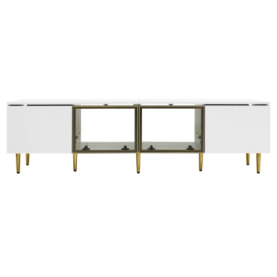 Modern TV Stand with 4 Doors, Gold Handles, Tempered Glass and Colour-Changing LED Light Strip, 67" L x 14.5" W x 18.5" H, White+Gold