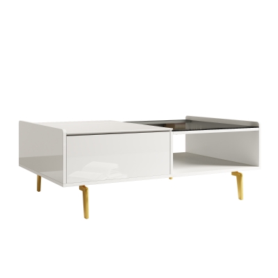 High-Gloss Coffee Table with LED Effect, Glass Top and Storage Compartment, Easy to Install, 43.5" L x 21.5" W x 15.5" H, White