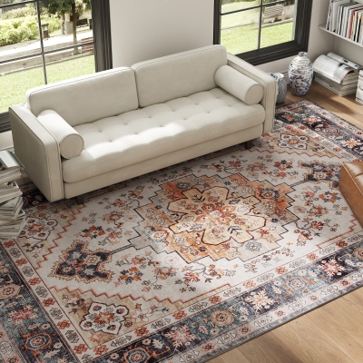 HOMCOM 8x10 Washable Boho Area Rug, Non-Slip Medallion, Brown