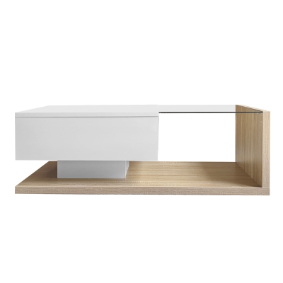 High-Gloss Coffee Table with Glass and LED Effect, Modern Design with Storage Compartment, 41.5" L x 21.5" W x 12.5" H, White+Wood
