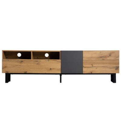 Colour Coordinated TV Stand with U-Shaped Metal Legs, 3 Doors and 2 Compartments, Easy Assembly, 67" L x 14" W x 16.5" H, Black+Natural