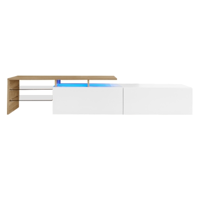 Modern TV Stand with Glass Shelves and LED Lighting, High-Gloss Finish, Smart Storage Solution, 67" L x 13" W x 13" H, White+Natural