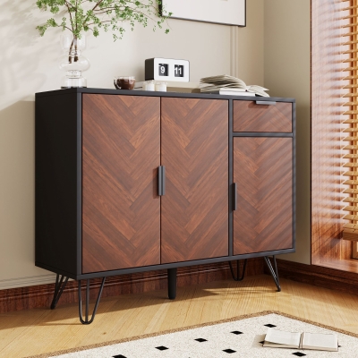 Modern Storage Cabinet with Drawer and Adjustable Shelves, Sideboard with Black Metal Feet, 35.5" L x 11.5" W x 28.5" H, Black+Wood