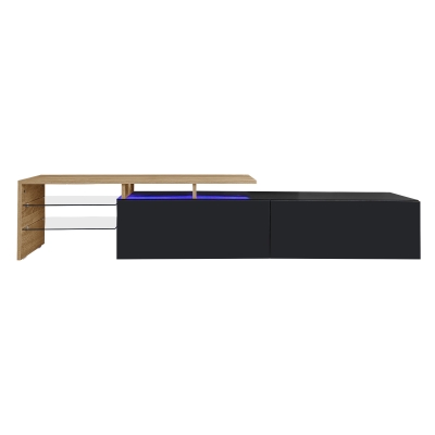 Modern TV Cabinet with Glass Shelves and LED Lighting, Stylish Storage Solution, Modern and Stylish Design, 67" L x 13" W x 13" H, Black+Natural