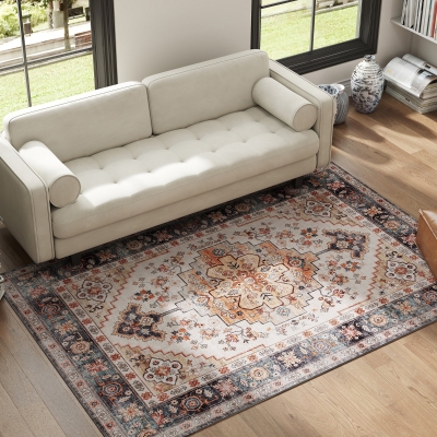 HOMCOM 4x6 Boho Area Rug, Washable Non-Slip Medallion Carpet, Brown