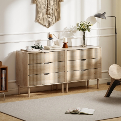 HOMCOM Bedroom Chest of Drawers, 3 Drawer Dresser with Fluted Panels and Solid Wood Legs, Storage Cabinet for Living Room, Oak