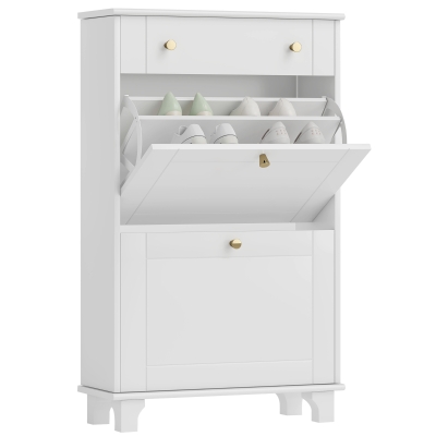 HOMCOM Slim Shoe Storage with 2 Flip Drawers and Adjustable Shelves Shoe Cabinet Organizer for 8 Pair,  White