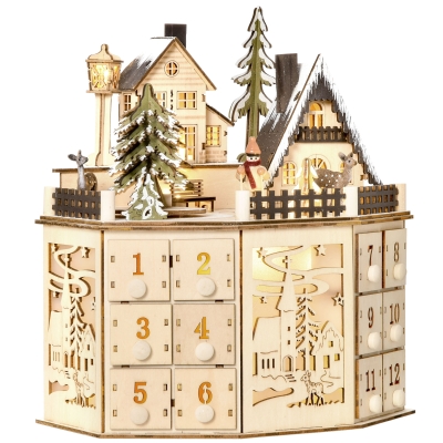 HOMCOM Wooden Christmas Advent Calendar, Lighted 24 Days Countdown to Christmas Table Decoration with Drawers for Kids and Adults, Battery Operated, Natural