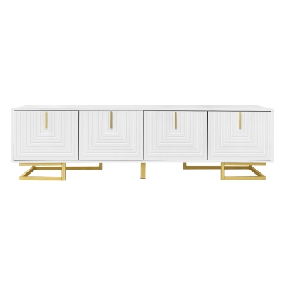 Modern TV Stand with Textured Doors, Gold Handles and Legs, Ample Storage Space, Easy to Install, 63" L x 15" W x 17.5" H, White