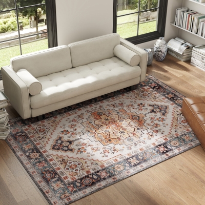 HOMCOM 5x7 Washable Boho Area Rug, Non-Slip Medallion, Tawny Brown