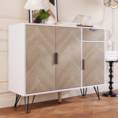 Modern Storage Cabinet with Drawer and Adjustable Shelves, Sideboard with Soft-Close Hinges, 35.5" L x 11.5" W x 28.5" H, White+Wood