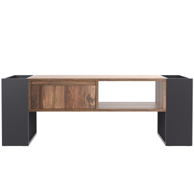Wood Grain Coffee Table with Handleless Drawer, Double Storage Compartments, Easy Assembly, 43.5" L x 23.5" W x 15.5" H, Grey+Wood
