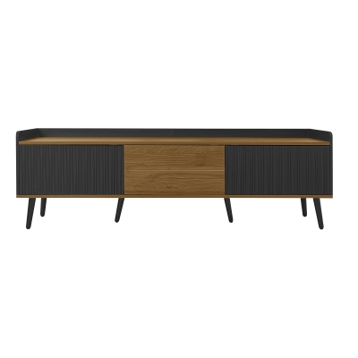 TV Stand with Three Doors, Raised Edge for Safety, Sturdy Wooden Legs, Modern Design, Easy to Install, 63" L x 15.5" W x 19.5" H, Black+Natural