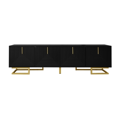 Modern TV Stand with Textured Doors, Gold Handles and Legs, Ample Storage Space, Easy to Install, 63" L x 15" W x 17.5" H, Black