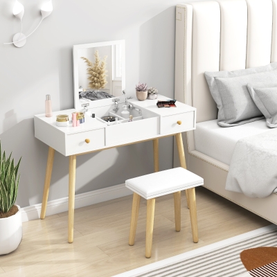 HOMCOM Makeup Vanity Desk with Flip Top Mirror and Cushioned Stool, Dressing Table Writing Desk with 2 Drawers and Storage Grids for Bedroom (White)