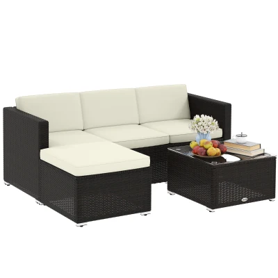 Outsunny 3 Pieces Patio Furniture Set with Cushions, Outdoor PE Rattan Wicker Conversation Corner Sofa Set with Glass Top Table and Adjustable Foot for Garden, Lawn, Cream White