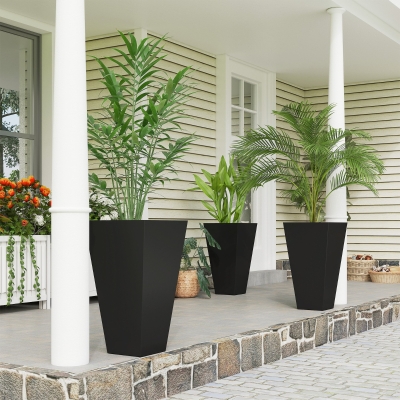 Outsunny 28" Tall Garden Plastic Planters, Outdoor and Indoor Flower Pots, Set of 3 for Entryway, Patio, Yard, Black