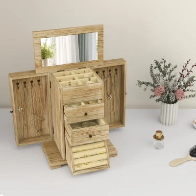 HOMCOM 4-Tier Wooden Jewelry Box with Mirror & 2 Drawers, Brown