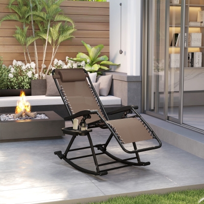Outsunny 2 in 1 Adjustable Zero Gravity Reclining Lounge Chair Garden Recliner and Rocker Foldable Sun Lounger Napping Seat w/ Headrest & Tray Brown