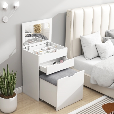 HOMCOM Vanity Set with Flip Top Mirror, Makeup Vanity Desk with Stool, Dressing Table with Drawer and 7 Compartments, White