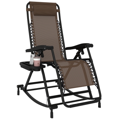 Outsunny 2 in 1 Adjustable Zero Gravity Reclining Lounge Chair Garden Recliner and Rocker Foldable Sun Lounger Napping Seat w/ Headrest & Tray Brown
