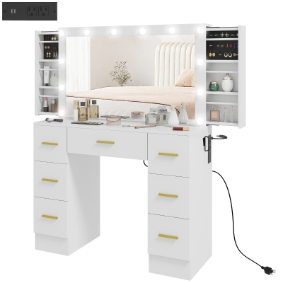 HOMCOM Makeup Vanity Desk with Mirror and Lights, Dressing Table with 7 Drawers, 6 Hidden Sliding Storage Compartments, White