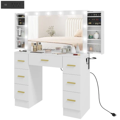 HOMCOM Makeup Vanity Desk with Mirror and Lights, Dressing Table with 7 Drawers, 6 Hidden Sliding Storage Compartments, White