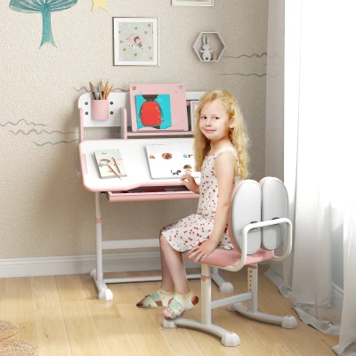 Qaba Adjustable Kids Desk & Chair Set, Pink with Storage Drawer