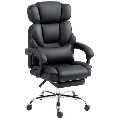 HOMCOM PU Leather Office Chair, Reclining Desk Chair with Footrest, Adjustable Headrest, Lumbar Support, Swivel Wheels, Black