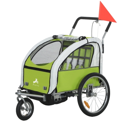 Aosom 2-Seat Kids Bicycle Trailer Steel w/ Carrier Windows, Green