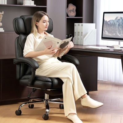 HOMCOM PU Leather Office Chair, Reclining Desk Chair with Footrest, Adjustable Headrest, Lumbar Support, Swivel Wheels, Black