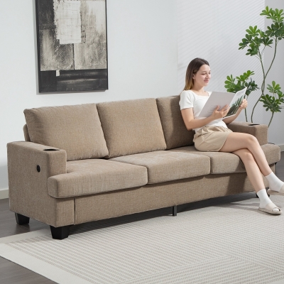 HOMCOM 3 Seater Sofa with USB Ports & Cup Holders, Chenille-Feel Upholstered Couch for Living Room, Light Brown