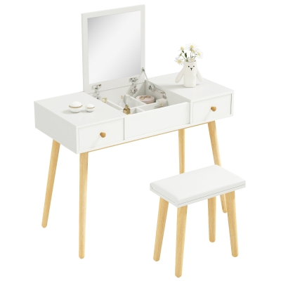 HOMCOM Makeup Vanity Desk with Flip Top Mirror and Cushioned Stool, Dressing Table Writing Desk with 2 Drawers and Storage Grids for Bedroom (White)