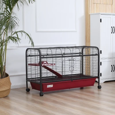 PawHut 41" Small Animal Cage, Rabbit Hutch with Rolling Wheels